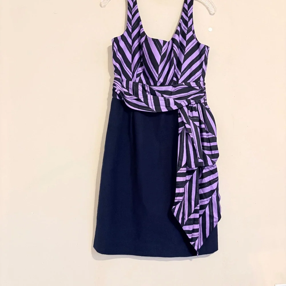 Milly Marcela Silk Purple Black Striped Sleeveless Sheath Dress Side Drape Sz 4 - Picture 12 of 15